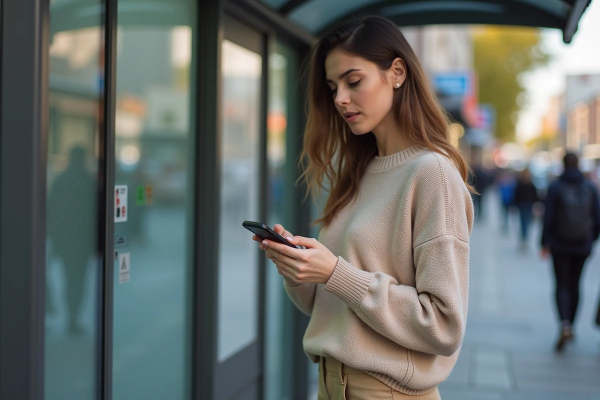 Jeune femme au arrêt de bus avec smartphone