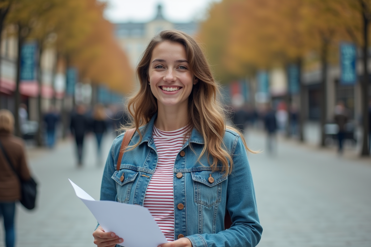Jeune femme souriante à un stand de collecte de fonds en ville