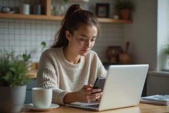Jeune femme regardant des ordinateurs portables dans une cuisine