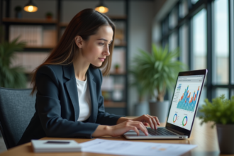 Jeune femme professionnelle examinant des données au bureau
