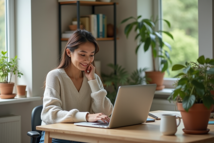 Femme souriante travaillant à son bureau à domicile