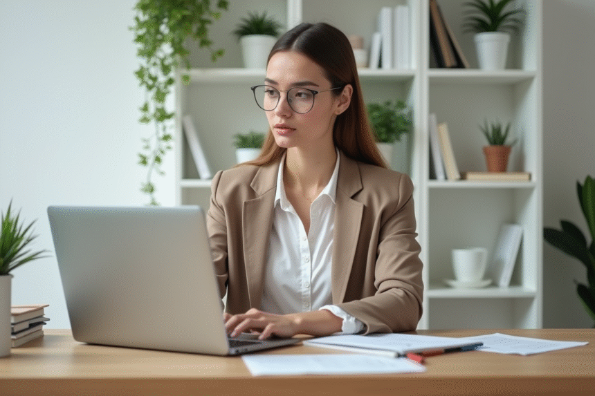 Jeune femme au bureau moderne en train de naviguer sur son ordinateur