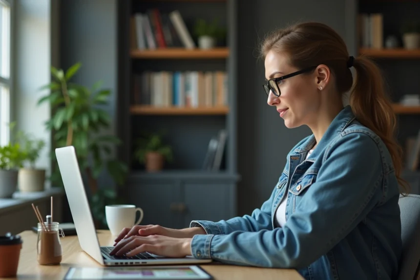 Jeune femme au bureau vérifiant la sécurité du site