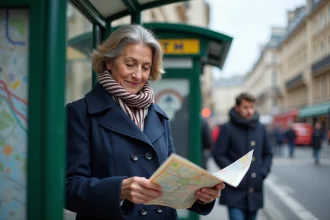 Femme consultant une carte de bus RATP à un arrêt de bus parisien avec entrée de métro en arrière-plan