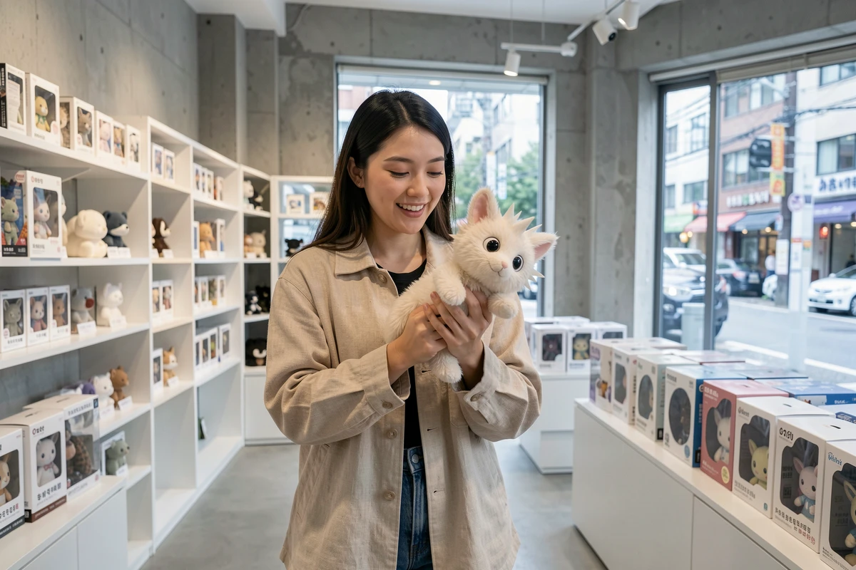Jeune femme examinant une peluche Labubu dans une boutique de design contemporaine à Séoul