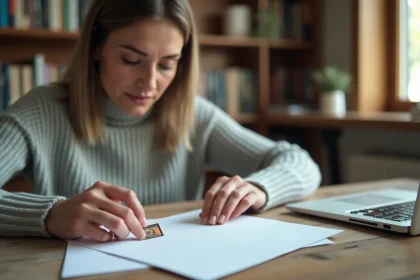 Femme collant un timbre dans le coin supérieur droit d'une enveloppe blanche sur un bureau en bois
