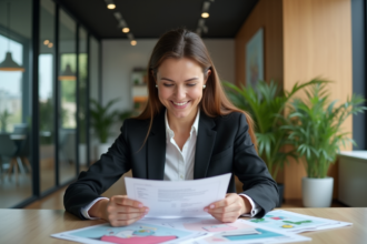 Femme confiante en tenue professionnelle dans un bureau moderne