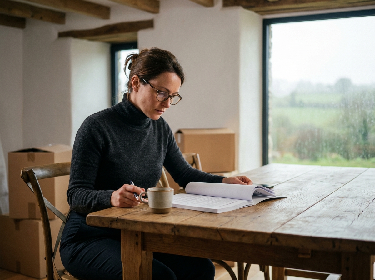 Femme lisant un contrat de construction dans sa nouvelle maison en Bretagne
