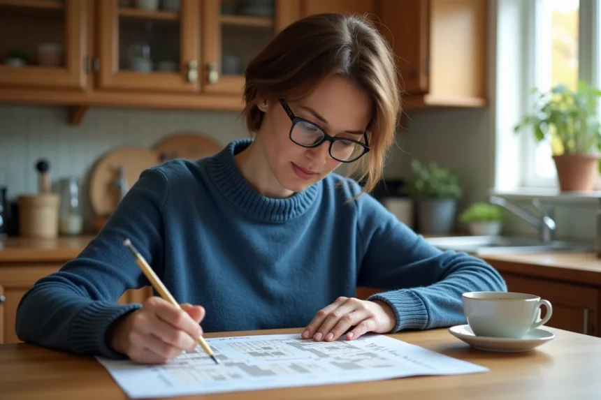 Femme concentrée sur un puzzle de mots dans la cuisine