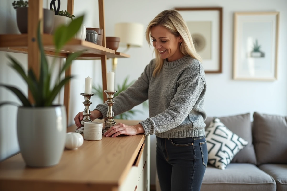 Femme arrangeant des objets décoratifs abordables sur un buffet en bois dans un salon en cours de décoration avec des achats faits chez Stokomani Tourcoing