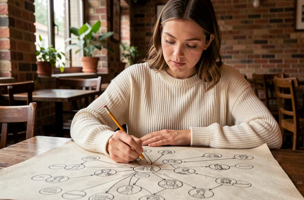 Jeune femme dessinant un arbre généalogique des dieux grecs de Cronos à Héraclès dans un café rustique