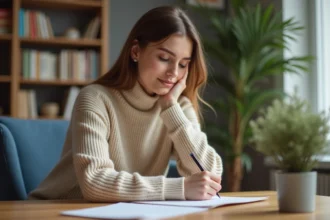Femme écrivant une lettre dans un salon chaleureux