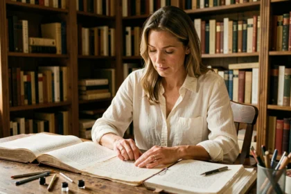 Femme écrivaine consultant des dictionnaires à la recherche de mots rares pour enrichir un texte poétique avec des rimes en U