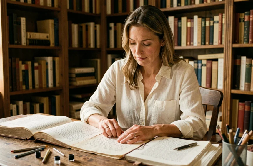 Femme écrivaine consultant des dictionnaires à la recherche de mots rares pour enrichir un texte poétique avec des rimes en U
