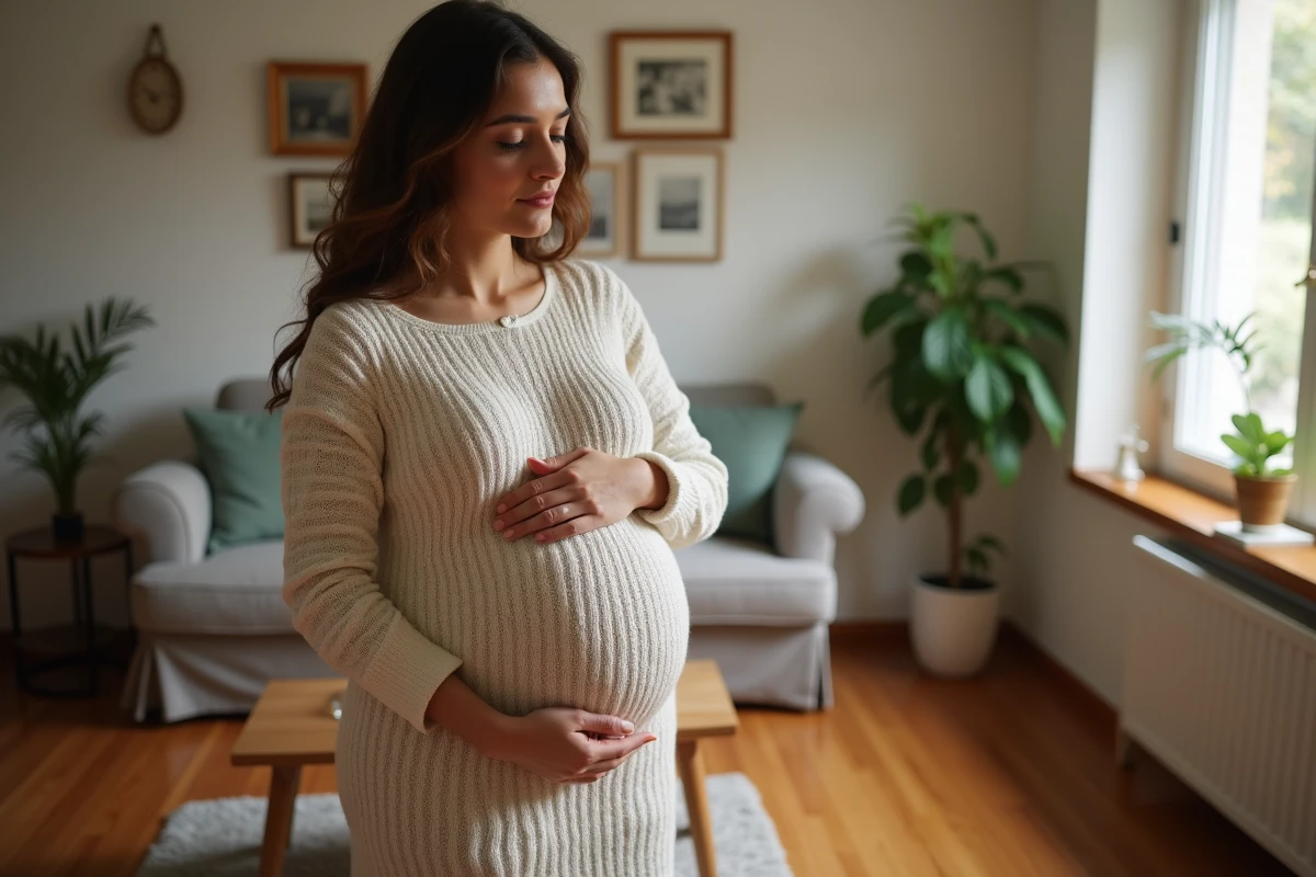 Jeune femme enceinte dans un salon chaleureux et décoré