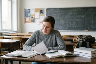 Femme souriante en salle de cours universitaire