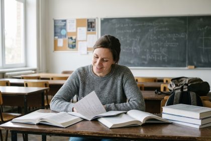 Femme souriante en salle de cours universitaire