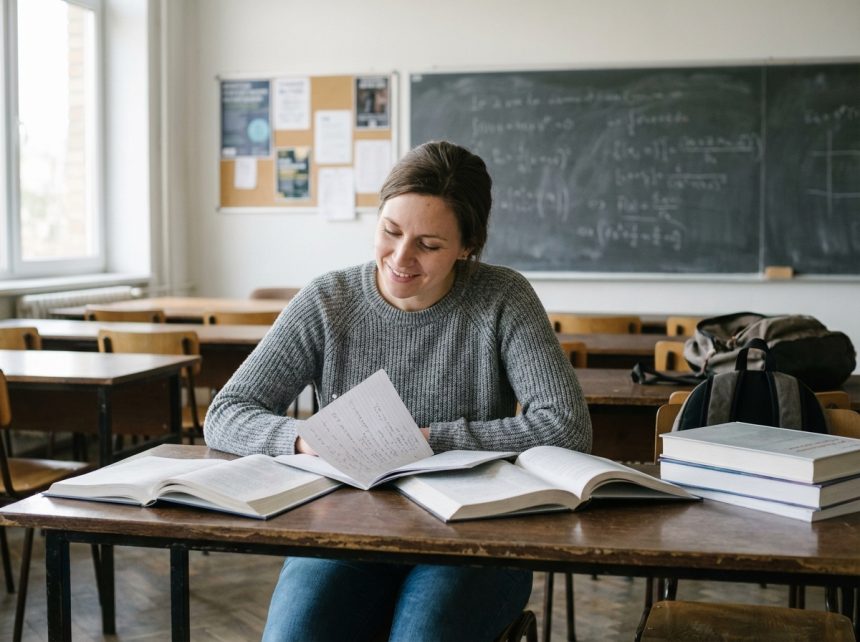 Femme souriante en salle de cours universitaire