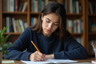 Femme concentrée écrivant des familles de mots dans un carnet pour améliorer ses performances au jeu Sutom
