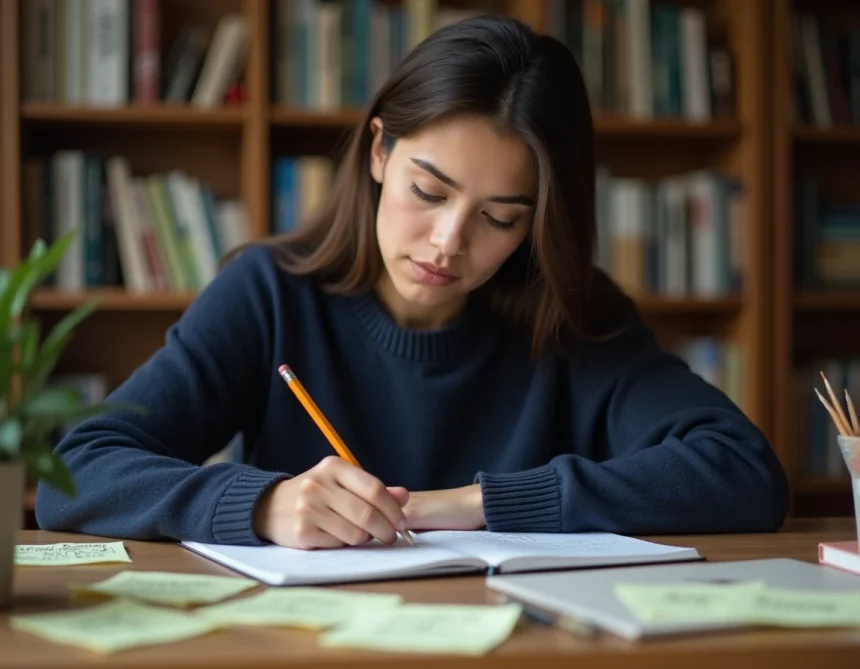 Femme concentrée écrivant des familles de mots dans un carnet pour améliorer ses performances au jeu Sutom