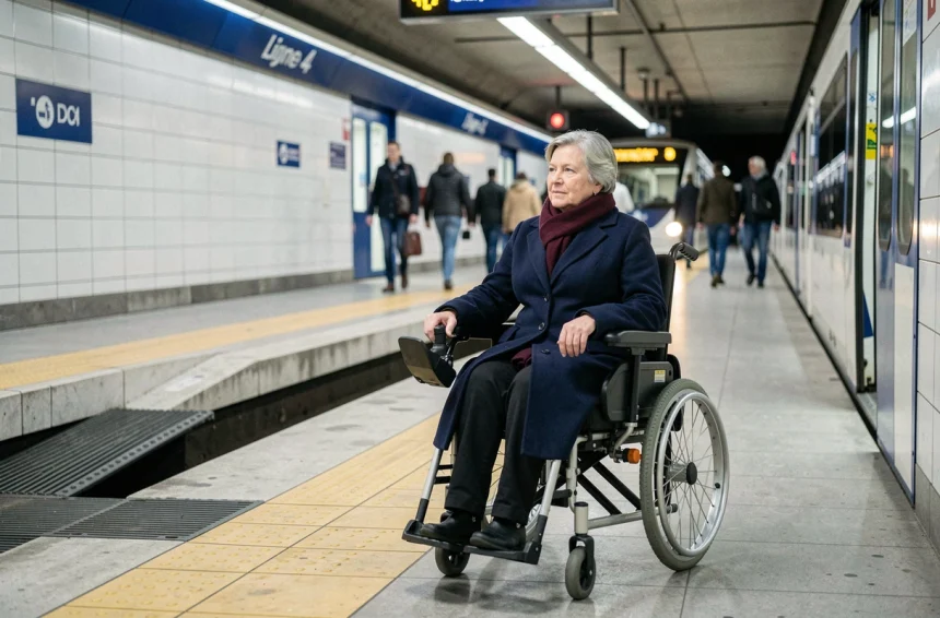 Femme en fauteuil roulant électrique sur le quai accessible de la ligne 4 du métro parisien
