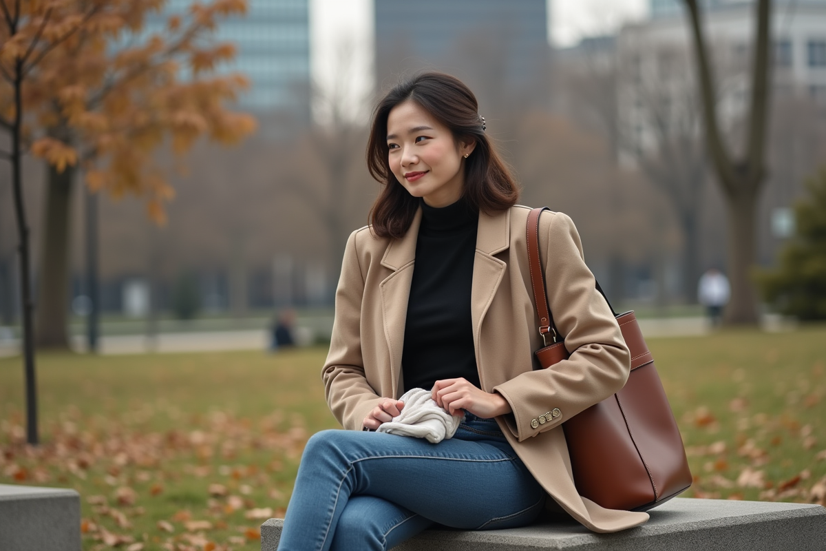 Jeune femme dans un parc urbain pliant une écharpe