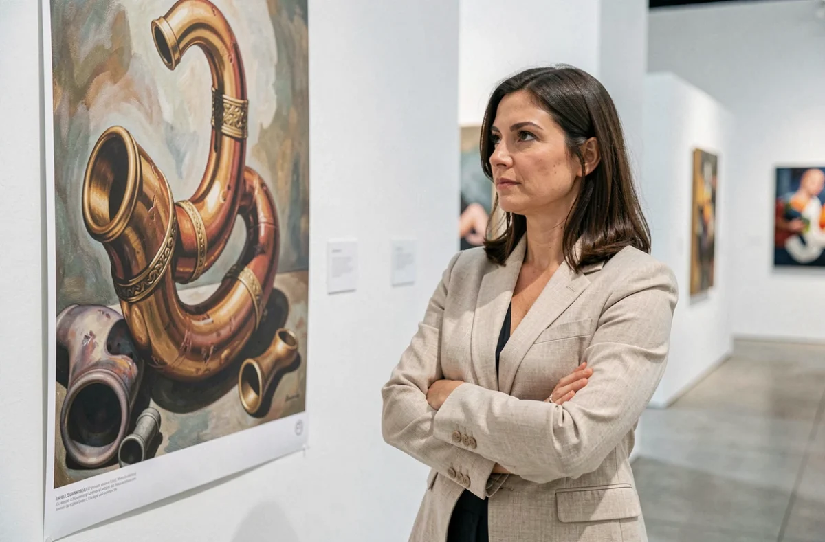 Femme pensive devant une affiche de peinture surréaliste représentant une pipe dans une galerie d'art contemporain, illustration de la relation entre image et représentation visuelle