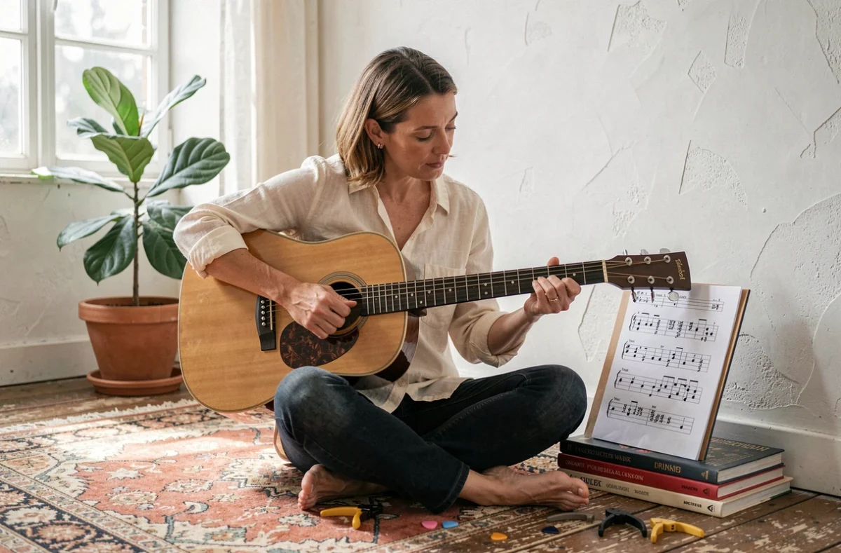 Femme jouant une guitare parlor Atlantic près d'une fenêtre ensoleillée avec des cordes et partitions