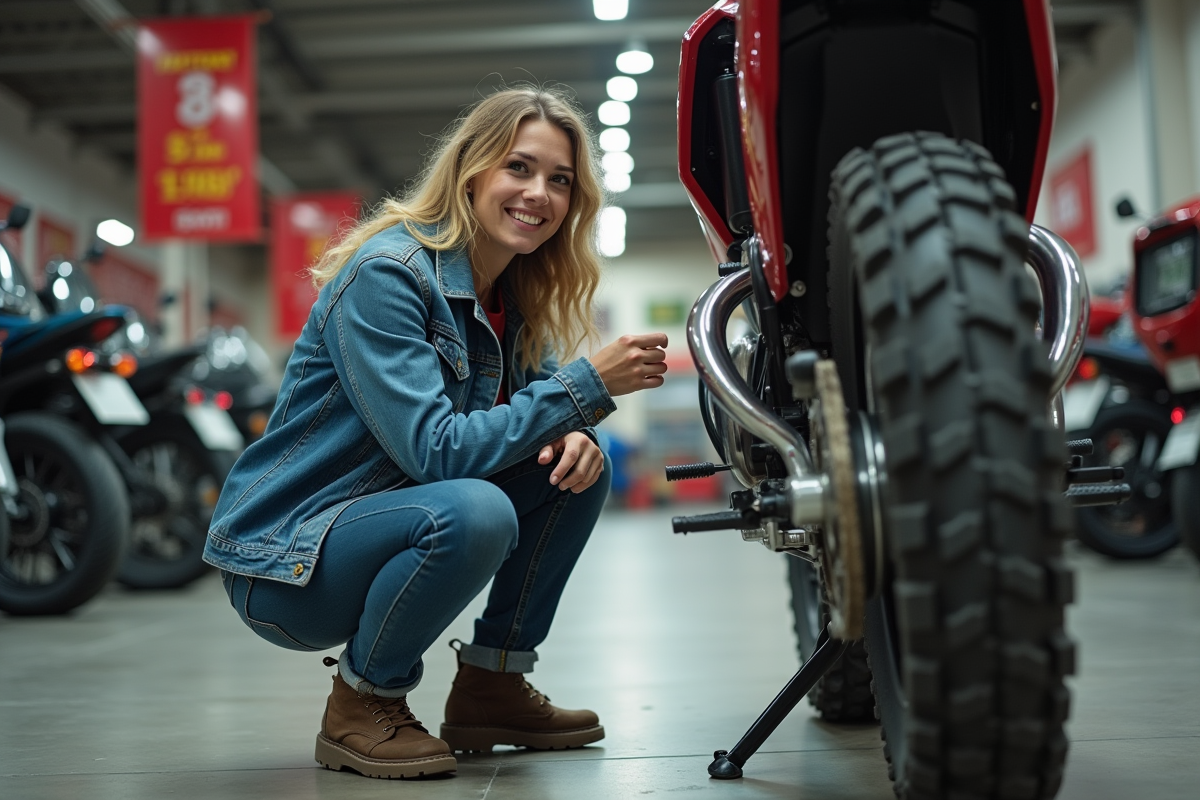 Femme souriante inspectant un vélo tout-terrain d