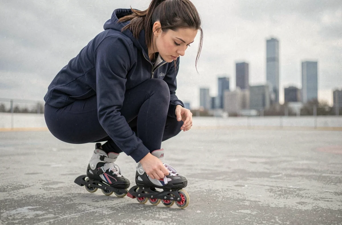 Femme inspectant la lame Bley de son patin en ligne sur une patinoire extérieure urbaine