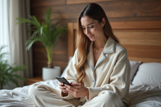 Femme en pyjama regardant une application de sommeil