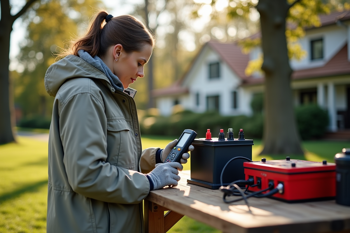 Femme utilisant un voltmètre sur une batterie de voiture en extérieur