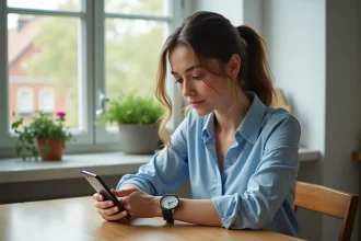 Jeune femme vérifiant l'heure avec smartphone dans la cuisine