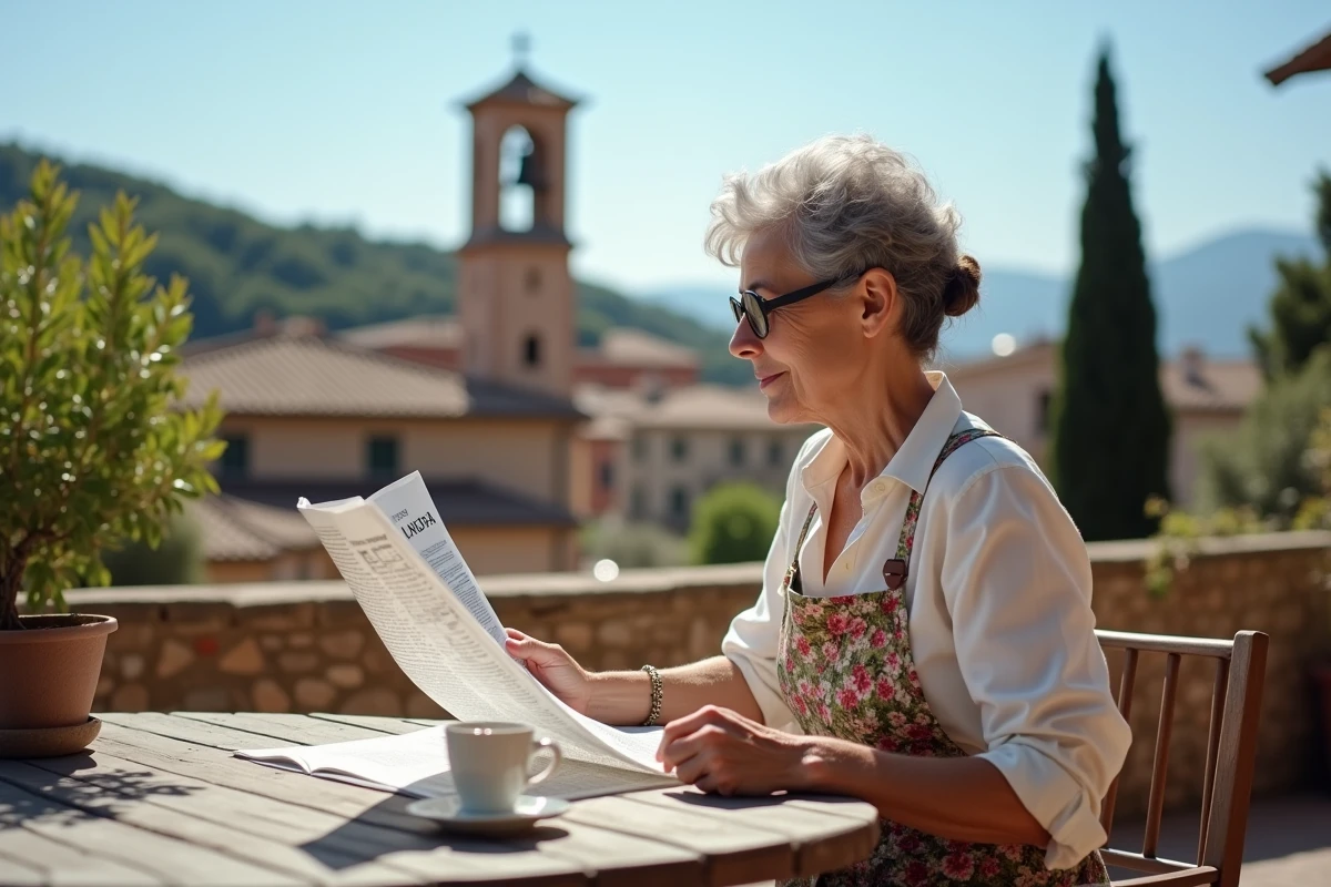 Femme italienne résolvant des mots fléchés sur une terrasse avec vue sur une ville italienne typique