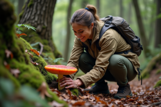 Femme inspectant un champignon dans la forêt
