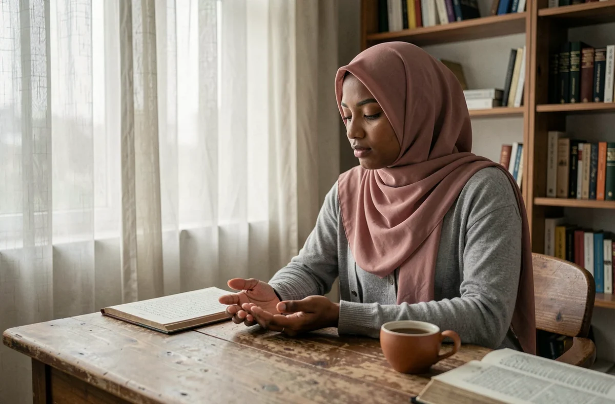 Jeune femme musulmane portant un hijab rose, assise à un bureau avec un livre de prière ouvert, en posture de réflexion spirituelle pour l'istikhara