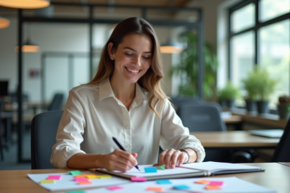 Femme en bureau organisant des notes colorées sur un planner