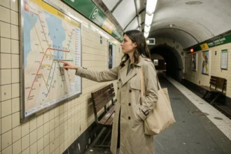 Jeune femme consultant un plan du métro parisien sur le quai de la ligne 6 pour choisir sa station