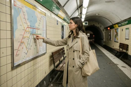 Jeune femme consultant un plan du métro parisien sur le quai de la ligne 6 pour choisir sa station