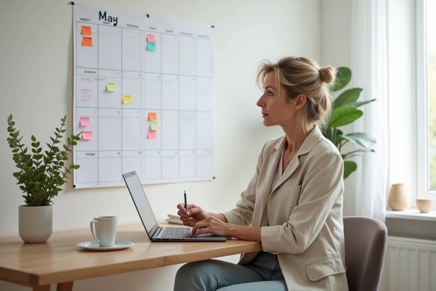 Femme consultant un calendrier mural annoté avec des ponts et jours fériés de mai 2026 dans un bureau à domicile moderne