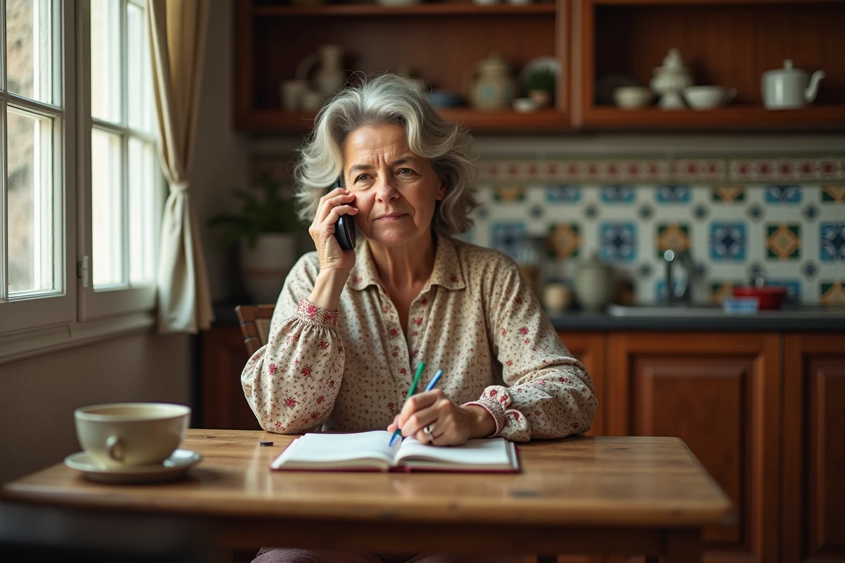 Femme portugaise âgée écrivant dans un carnet en cuisine