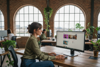 Jeune femme professionnelle à Nantes travaillant sur un site WordPress