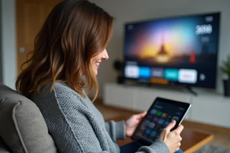 Femme consultant un programme TV en ligne sur une tablette dans son salon