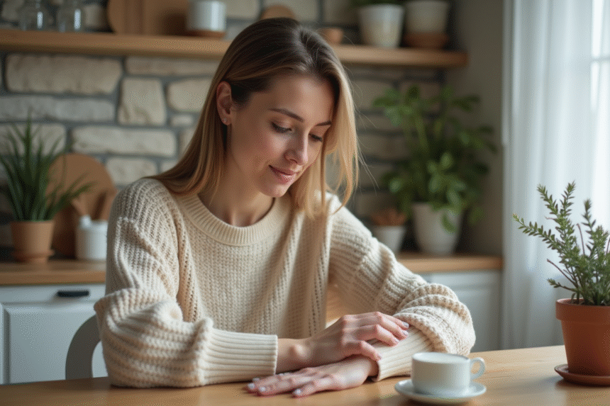 Femme appliquant une creme sur un psoriasis au bras