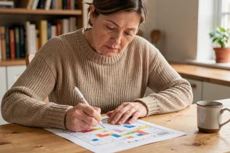 Femme concentrée résolvant une grille de mots fléchés difficile à la maison, crayon en main sur une table en bois