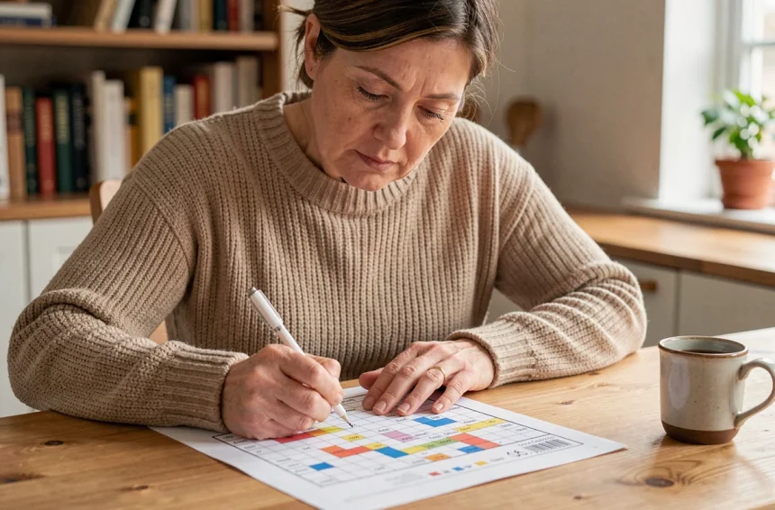 Femme concentrée résolvant une grille de mots fléchés difficile à la maison, crayon en main sur une table en bois