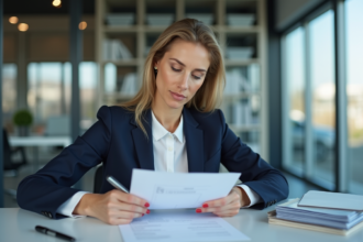 Femme professionnelle examine des documents de remboursement