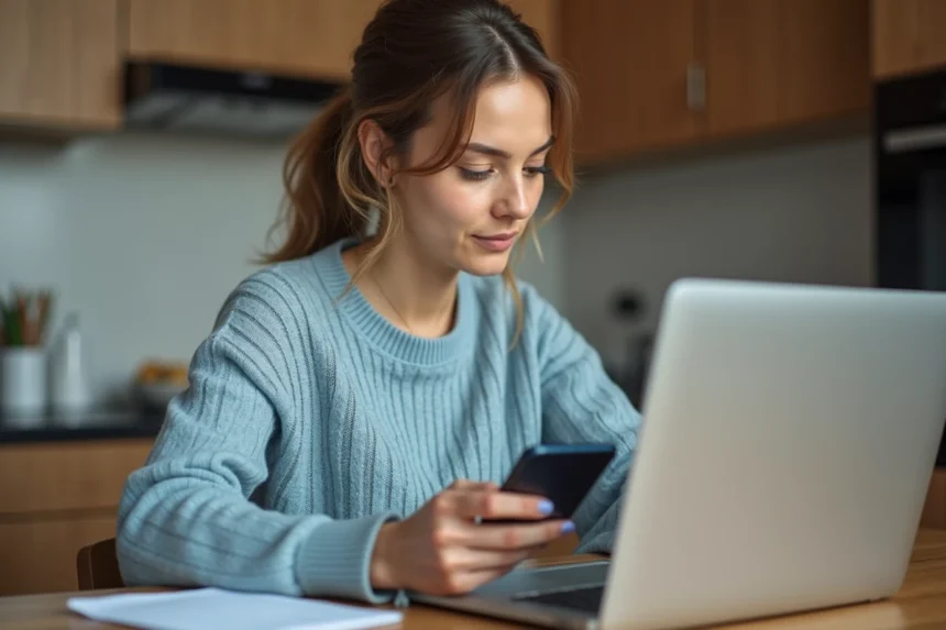 Femme concentrée vérifiant ses relevés bancaires à la maison
