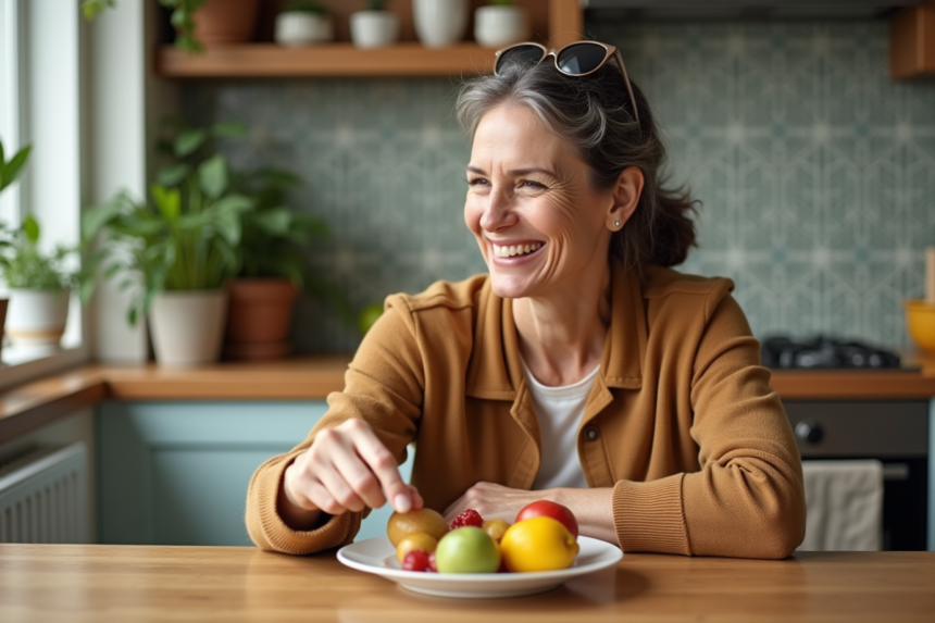 Femme souriante choisissant des fruits frais à la maison