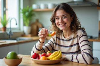 Femme souriante dégustant une salade de fruits dans une cuisine lumineuse